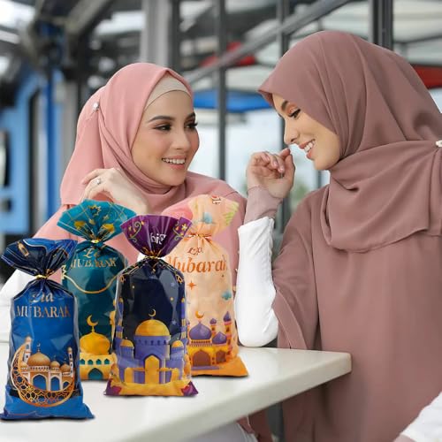 Ramadan Cellophane Treat Bags, Eid Mubarak Candy Bags, 120 PCS Plastic Eid Mubarak Ramadan Gift Bags Goodie Bags Cookie Bags with Twist Ties for Islam Muslim Eid Mubarak Ramadan Party Favor Supplies - color: style 1-120pcs