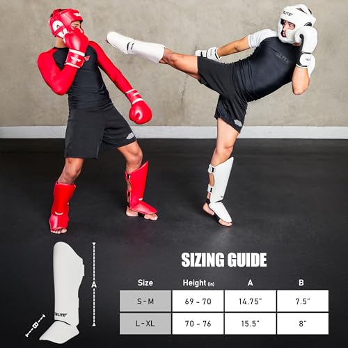 Elite Sports Muay Thai 정강이 보호대 킥복싱 MMA 무에타이 다리 발등 보호 패드, BJJ 가라데 복싱 태권도용 무술 발로 스파링 훈련 장비 - color: 단색 화이트., size: LXL