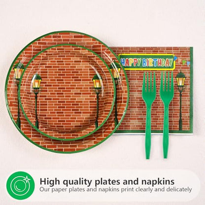 Grencian 96 Red Brick Wall Street Party Supplies Modern Cartoon Sesame Plates and Napkins Tableware Sets Sesame Birthday Disposable Plate for Kids Birthday Baby Shower Serves 24 - style: Sesame Birthday