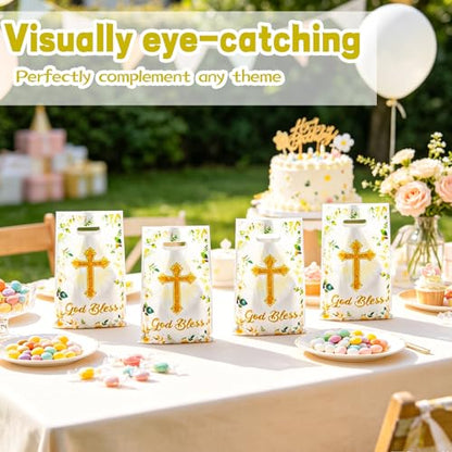 LERCTH 30 PCS God Bless Gift Bags, 6.5x9.8inches Cross & Floral Design Plastic Treat Bags with Handles, Religious Party Favor Bags for Baptism, First Communion, Confirmation & Christian Celebration Supplies - color: God bless gift bags 30 packs