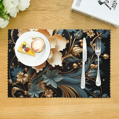Placemats Set of 4 Heat Resistant Gold Flowers on Black Place mat for Dining Table Non-Slip Table Mats Desktop Protection Pad Washable Place Mats for Kitchen Dining Outdoor - color: Gold Flowers on Black