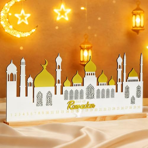 Cinnvoice 2026 Ramadan Advent Countdown Calendar, 20 Inch Ramadan Decoration for Home, Wooden Eid Countdown Gift Islamic Table Centerpiece Reusable Mubarak Mosque Table Decoration for Muslim Gifts