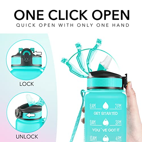Hyeta Water Bottle with Straw & Time Marker, Plastic 32oz Leakproof | Motivational Tritan BPA Free Gym Office Outdoor Intake Tracker Hourly Reminder Straw Lid Carry Strap - color: Green-Purple