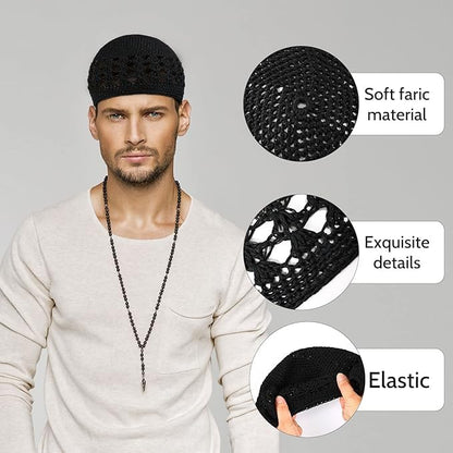 3pcs Knit Kufi Hats for Men Muslim Prayer Cap Islamic Ramadan Eid Taqiyah Cap Koofi Topi Beanie Skull Hat Under Hat - color: Black