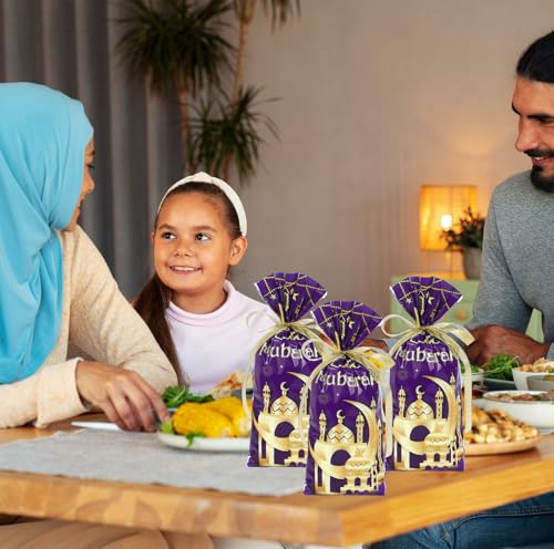Whaline 100 Pcs Eid Mubarak Cellophane Bags with Ribbon Ramadan Plastic Treat Bags Purple Gold Candy Goodie Bag for Islamic Muslim Party Snack Cookie Packing Supplies - color: Purple Gold