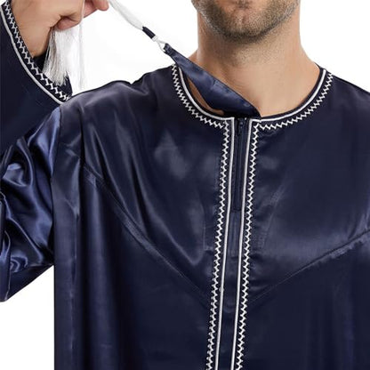 Men's Islamic Arab Kaftans Robe for Eid, Dubai Ramadan Daily Clothes - Muslim Thobe Shirt - color: B Navy, size: X-Large