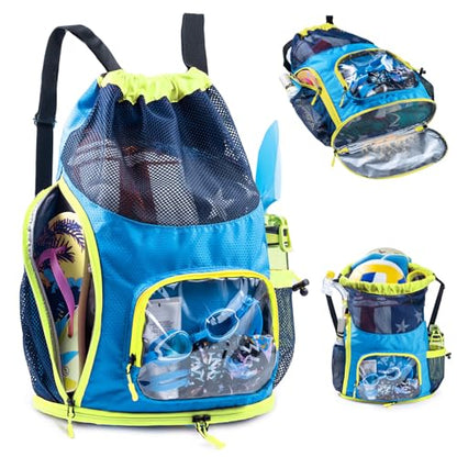 Mesh Drawstring Backpack with Shoe Compartment, Sandproof Beach Swim Bag with Wet Pocket, Pool Gym Shower Bag for Travel Summer Camp - color: Blue - Neon Yellow, style: Style a