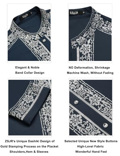 Mens African 2 Piece Set Nigerian Dashiki Metallic Traditional Suit Gold Stamp Printed Shirt and Pants Outfit - color: Grayish Blue, size: Large