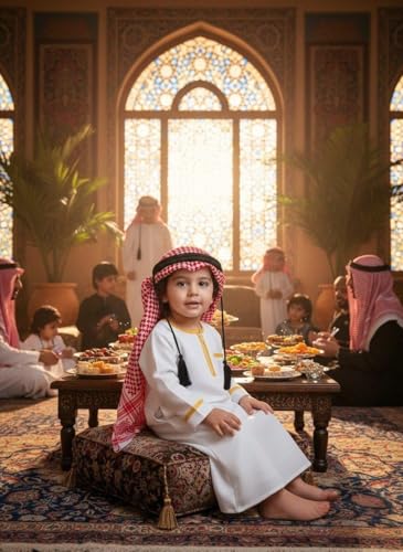 ODASDO Muslim Baby Boys Abaya Robe with Head Scarf Toddler Kids Newborn Prayer Outfit Islamic Clothing - color: White + Gold, size: 3-6 Months