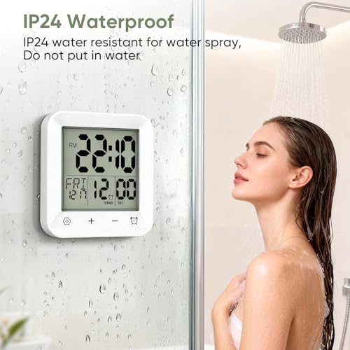 Bathroom Clock Waterproof Shower Timer, Digital Wall Clock with Countdown, Touch Screen, LCD Display, Temperature, Suction Cup/Hanging Hole/Stand, Spa Sauna I White - color: White