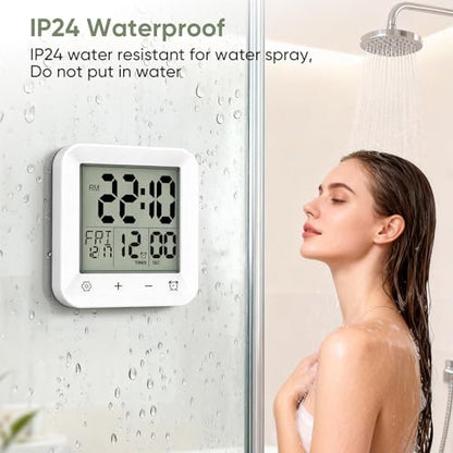 Bathroom Clock Waterproof Shower Timer, Digital Wall Clock with Countdown, Touch Screen, LCD Display, Temperature, Suction Cup/Hanging Hole/Stand, Spa Sauna I White - color: White