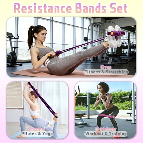 5 Pcs Resistance Bands Set, Foot Pedal Resistance Band with Handles, Workout Elastic Exercise Bands for Ab, Waist, Arm, Leg, Women Fitness Stretch Bands for Pilates, Yoga at Home, Gym - color: Purple