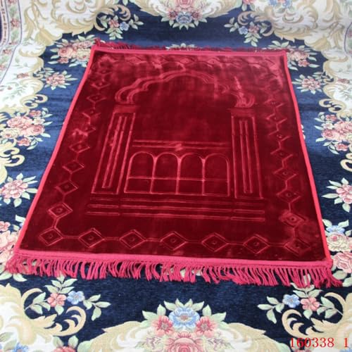 Thick Flannel Muslim Prayer Rug Embossed Turkish Prayer Carpet Islam Prayer Mat Rosary Beads for Men Women Islamic Janamaz Great Ramadan Eid Gift Elegant Sajadah with Tassel Salat Rug 80x120cm - color: Red