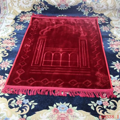 Thick Flannel Muslim Prayer Rug Embossed Turkish Prayer Carpet Islam Prayer Mat Rosary Beads for Men Women Islamic Janamaz Great Ramadan Eid Gift Elegant Sajadah with Tassel Salat Rug 80x120cm - color: Red