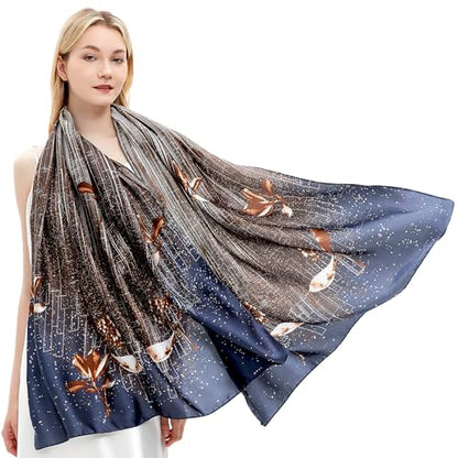 Women Silk Scarves Long Satin Lightweight Outdoor Shawl Wraps Printed Head Scarf 70''X35'' - color: 106-blue
