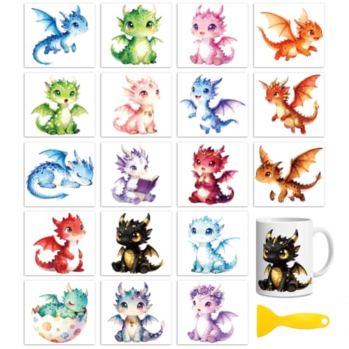 Peacoblue Cartoon Baby Dragon Rub On Transfers for Craft, Transfer Sticker | 18 Sheets UV DTF Transfers, Waterproof Rub On Decals for Wood, Glass, Furniture, Tumblers & Home Decor Crafts - style: Cartoon Baby Dragon