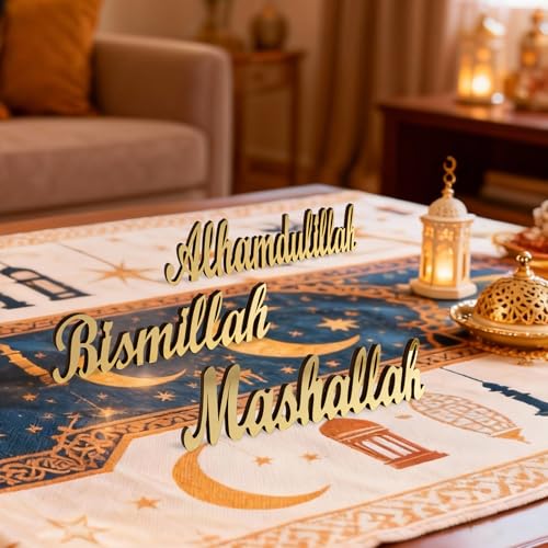 3 Pcs Ramadan Decorations Home 2026, Wooden Gold Acrylic Bismillah Alhamdulillah Mashallah Sign, Wood Eid Mubarak Islamic Allah Table Stand Fireplace Office Desk Mosque Decor, Muslim Gifts