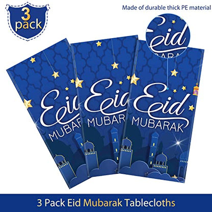 Tiamon 3 Pieces Eid Mubarak Tablecloth Plastic Ramadan Table Cover Decorations Rectangular Eid Mubarak Table Cloths Eid Mubarak Party Supplies Favors for Ramadan and Eid, 54 x 108 Inch(Blue)