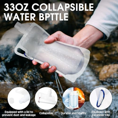 Maxdot 4 Pack 1L Collapsible Travel Water Bottles with Clip 33 oz Clear Foldable Water Pouch Container Bag for Hiking Backpacking Camping Travel Emergency
