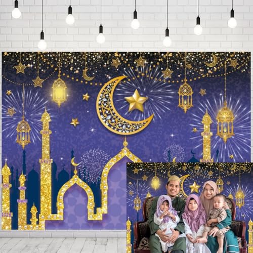 INRUI Purple Gold Eid Mubarak Ramadan Photography Backdrop 8x6FT - color: Purple, size: 8x6FT