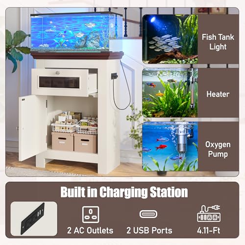 10-15 Gallon Fish Tank Stand - Aquarium Stand with Power Outlets | 198LBS Capacity Fish Tank Table with Storage Cabinet & Drawer, Aquarium Table for Reptile Terrarium Stand Beige