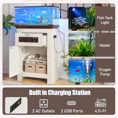 10-15 Gallon Fish Tank Stand - Aquarium Stand with Power Outlets | 198LBS Capacity Fish Tank Table with Storage Cabinet & Drawer, Aquarium Table for Reptile Terrarium Stand Beige