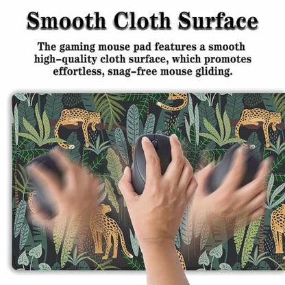 Extra Large Mouse Pad Yellow Green Office Desk Mats Gaming Mousepad Ga Mouse Pad Non-Slip Rubber Base Waterproof with Stitched Edges 35.4" X 15.7" for Game Office, Tropical Leaves - color: Leopard/Tropical Leaves