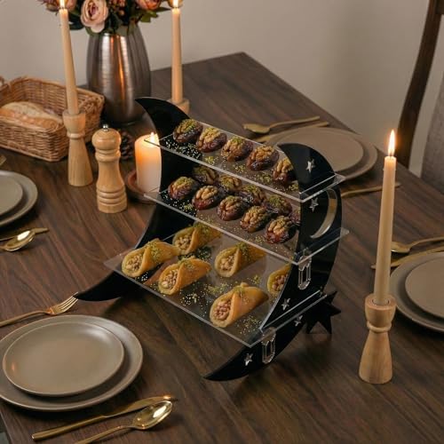 Iwa Concept 3-Tier Acrylic Ramadan Serving Tray | Crescent Moon & Star Design | Elegant Dessert & Nut Presentation Stand for Iftar and Eid Celebrations - color: Black Silver