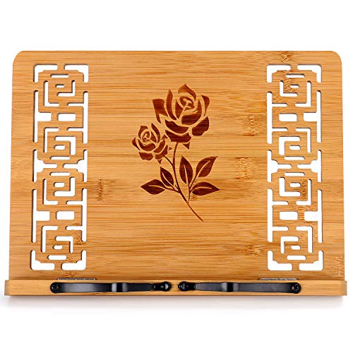 MEGREZ Book Stand for Reading (13.2 x 9.4 inch) Bamboo Cookbook Stand Holder for Kitchen, Adjustable Book Holder Stand for Tablet/Textbook Holder/Hollow Bookrest Stand, Rose - color: Rose