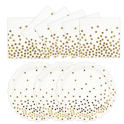 50PCS White and Gold Paper Plates and Napkins Party Supplies, 7 Inch Scalloped Dot Paper Dessert Cake Plates and Napkins Disposable Tableware Set for Birthday Baby Shower Wedding Decorations - color: White Gold Dot