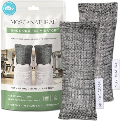 Moso Natural Shoe Deodorizer Inserts, Charcoal Odor Absorber for Shoes, Gym Bag & Boot Deodorizer, Unscented Shoe Odor Elimination, Air Purifying Bags, Lasts 2 Years (2 Bags) - style: 1 Pack (2 Total) Charcoal