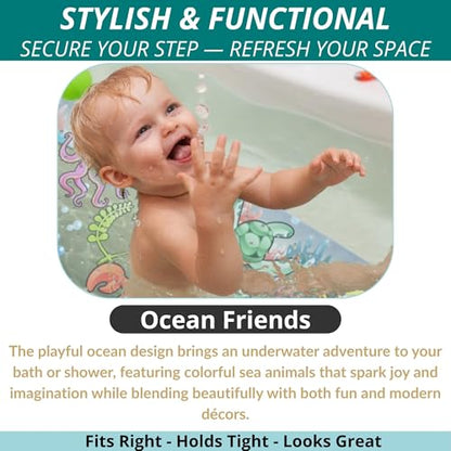 ENKOSI Bath Mat - Large Non Slip Bathtub & Shower Mat - Extra Long 40 x 16 Inch Bathroom Mats for Tub Nonslip Anti Slip Bathmats (Ocean Friends), 1 Pack | Fun ocean animals print for kids; Durable PVC; 40x16 in, Ocean Friends - color: Ocean Friends