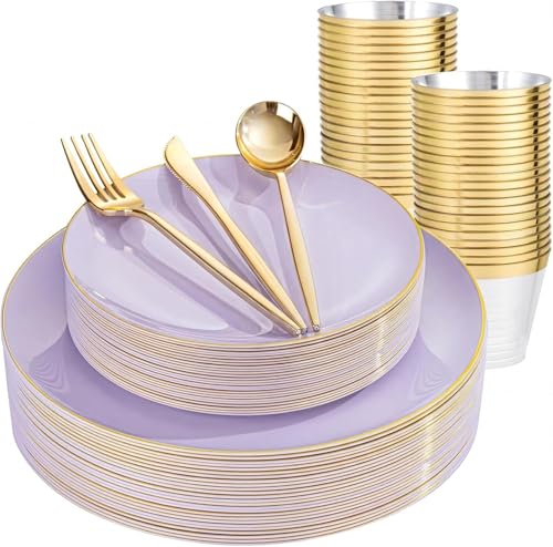 bUCLA 150PCS Purple Plastic Plates - Light Purple and Gold Disposable - Include 25 Each (Dinner & Dessert) lavender Plates, 25 Knives, 25 Forks, 25 Spoons & 25 Cups for Party, Birthday & Wedding - color: Purple Gold, size: 25 Guests