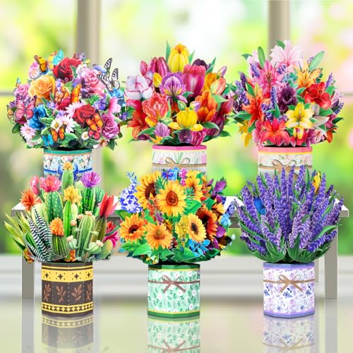 Pop Up Flower Bouquet Card Set for Women – 6 Unique 3D Floral Designs with Envelopes & Separate Blank Note Cards, Forever Rose, Sunflower, Tulip Gift for Mother's Day, Get Well, Birthday, All Occasions - style: Tulip, Sunflower, Roses, Lily, Lavender, Suc
