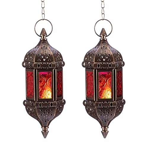 2 Pcs Hanging Hexagon Decorative Moroccan Candle Lantern Holders, Handmade Hanging Tea Light Holder in Bronze Metal & Red & Purple Glass Gift & Decor Items - color: Brown, size: 2pcs