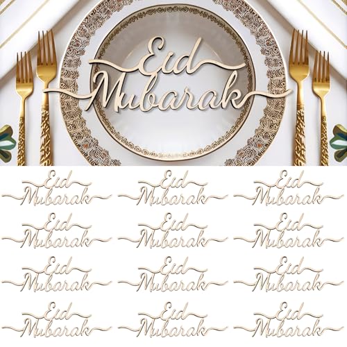 AOCEAN 12 Pcs Eid Mubarak Wood Sign Ramadan Decorations for Table 2026 Ramadan Plate Setting Islamic Table Decor for Muslim Kitchen Home Tabletop Ornaments (Eid Mubarak) - color: Eid Mubarak