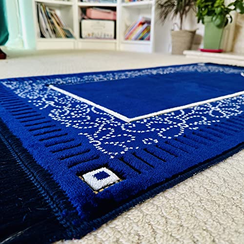 Mihrab Patterned Original Luxury Velvet Prayer Mat/Rug- 750g Weight | Made in Turkey (Navy Blue) - color: Navy Blue