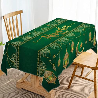 Hafangry Ramadan Mubarak Tablecloth Islamic Muslim Eid Decoration Golden Star Moon Lantern Kitchen Dining Room Table Cover (60" x 104") - size: 60" x 104"