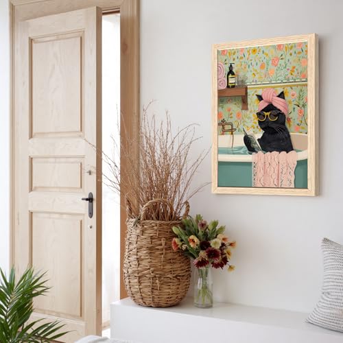 ICHZUMW Framed Funny Black Cat in Bathtub Canvas Bathroom Wall Art 16x24 In - color: Spa Kitty, size: 24"L x 16"W