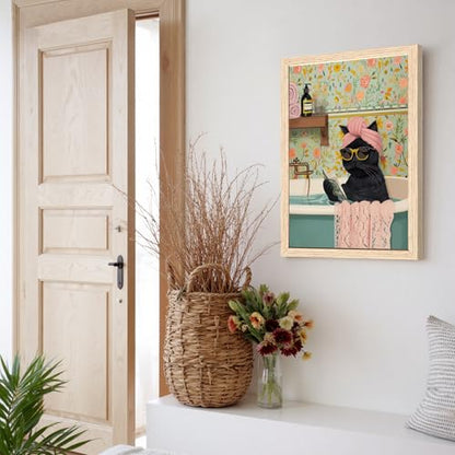 ICHZUMW Framed Funny Black Cat in Bathtub Canvas Bathroom Wall Art 16x24 In - color: Spa Kitty, size: 24"L x 16"W