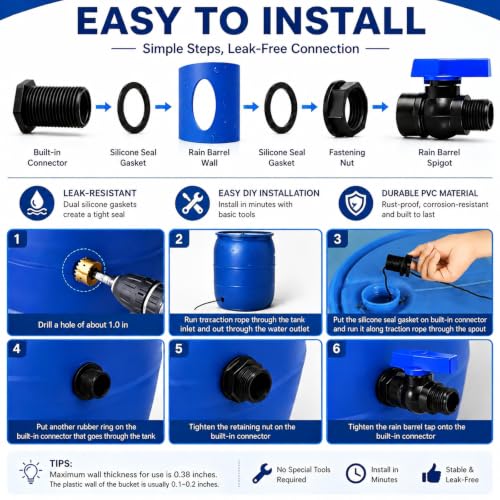 2 Pack 3/4 Inch Rain Barrel Spigot Kit, PVC Garden Hose Shut Off Valve with Bulkhead Fitting, Rain Barrel Diverter Kit for Water Tanks, Aquariums, Garden Barrel