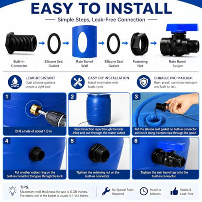 2 Pack 3/4 Inch Rain Barrel Spigot Kit, PVC Garden Hose Shut Off Valve with Bulkhead Fitting, Rain Barrel Diverter Kit for Water Tanks, Aquariums, Garden Barrel