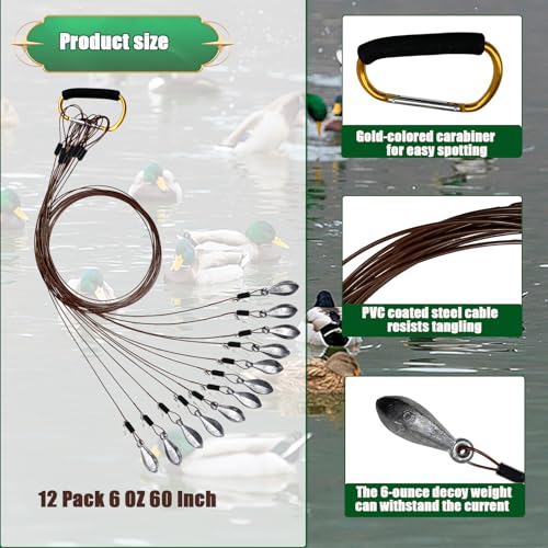 Texas Duck Decoy Rigs Weights Tangle Free Duck Hunting Decoy Rigs with A Large Gold Padded Carabiner, Waterfowl Decoy Rigs Anchors for Duck Hunting 12pack - color: 6OZ 60In