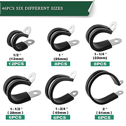 OURU 46PCS Cable Clamps Assortment Kit,Rubber Coated, 1/2"-2" 6 Sizes | 304 Stainless Steel, Anti-Vibration, Rust Resistant, Secure Hold, Automotive Wire, Pipe & Tube Mounting, Cable Management - size: 46pcs - 1/2", 1", 1-1/4", 1-1/2", 1-3/4", 2"