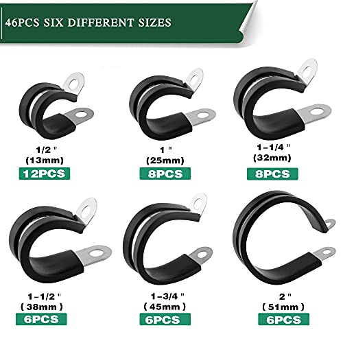 OURU 46PCS Cable Clamps Assortment Kit,Rubber Coated, 1/2"-2" 6 Sizes | 304 Stainless Steel, Anti-Vibration, Rust Resistant, Secure Hold, Automotive Wire, Pipe & Tube Mounting, Cable Management - size: 46pcs - 1/2", 1", 1-1/4", 1-1/2", 1-3/4", 2"