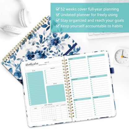 Taja Undated Weekly Planner, Weekly To Do List Notebook with Goal & Habit Tracker Organizer, A5 Weekly Planner Notebook with Spiral Binding, 6.1" x 8.2" - Blue Blossom - color: e.Blue Blossom