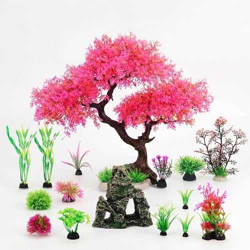 Suncalla 16 Pcs Aquarium Decor Artificial Plastic Plants Bulk Decorations Cave Rock Pink Cherry Blossom Tree Goldfish Betta Fish Tank Decorations Hides Accessories for Household Office Fish Tank