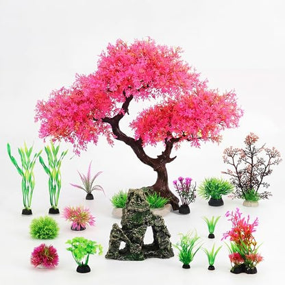Suncalla 16 Pcs Aquarium Decor Artificial Plastic Plants Bulk Decorations Cave Rock Pink Cherry Blossom Tree Goldfish Betta Fish Tank Decorations Hides Accessories for Household Office Fish Tank