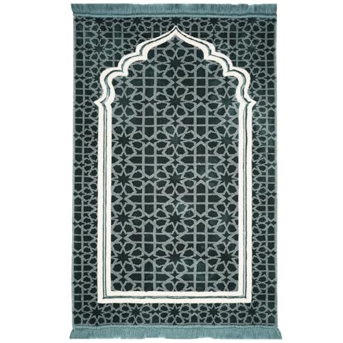 Modefa Muslim Prayer Rug - Large Plush Velvet - Andalus Teal Blue | For Islamic prayers, salah. For men or women; thick plush soft praying mat - color: Blue