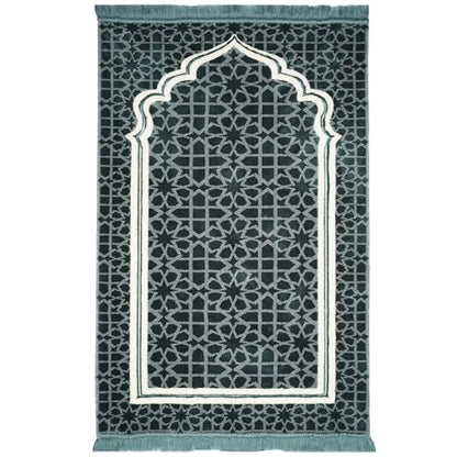 Modefa Muslim Prayer Rug - Large Plush Velvet - Andalus Teal Blue | For Islamic prayers, salah. For men or women; thick plush soft praying mat - color: Blue